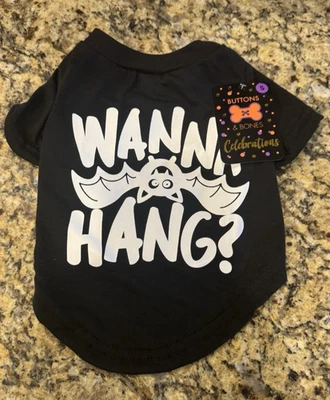 Celebraciones Botones y Huesos Halloween Mascota Disfraz Camiseta "¿Quieres Colgar?" Talla Sm. Foto 1 de 2