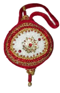 Vintage Mid Century Red Gold Velvet Push Pin Bead Sequin Ornament Gold Trim 6" - Picture 1 of 12