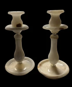 VINTAGE ALABASTER CANDLE STICK HOLDERS SET OF 2 BEAUTIFUL NATURAL STONE MARKINGS - Picture 1 of 8
