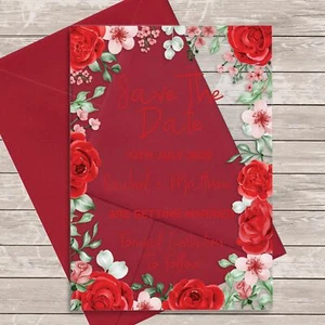 Red Roses Flower Acrylic Clear Transparent Wedding Save The Date Invite Cards - Picture 1 of 6