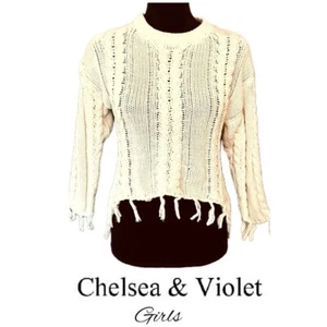 CHELSEA & VIOLET Girls Ivory Fringe Sweater Cable Knit Fringe Girls Sz XL - Picture 1 of 9