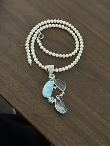 Vintage Genuine Pearl with Larimar, Paua and Blue Topaz Pendant, in 925 Silver - Foto 1 di 11