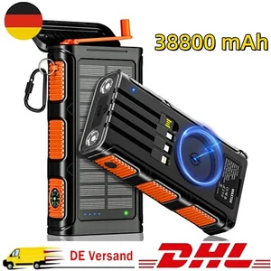 Wireless Solar Powerbank 38800mAh mit Handkurbel USB-C PD 3A Externer Akku - Zdjęcie 1 z 8