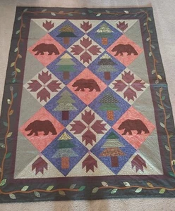 Bear Paws Quilt Handmade Pieced Machine Quilted 63×80 Camp Bear Trees Leaf(#B183 - Picture 1 of 20