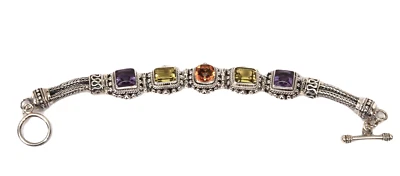 Suarti Bali Sterling Silver Toggle Bracelet Amethyst Citrine Peridot Stones Foto 1 de 4
