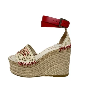 Auth VALENTINOGARAVANI - Cream Red Beige Canvas Leather Hemp Women's Sandals - Picture 1 of 6