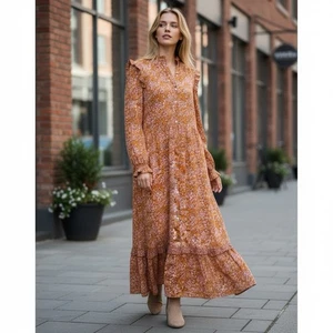 NWT Universal Thread Brown Floral Ruffle Maxi Dress Balloon Sleeve Boho Prairie - Picture 1 of 12