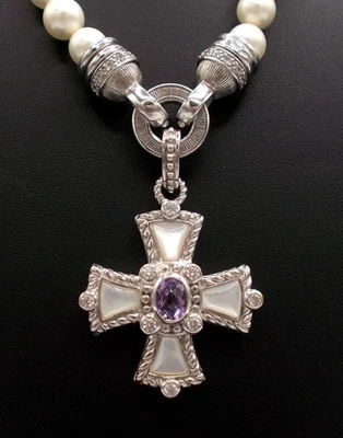 Collar Judith Ripka Plata de Ley 925 Perlas Amatista Cruz Maltesa Potenciador Foto 1 de 4