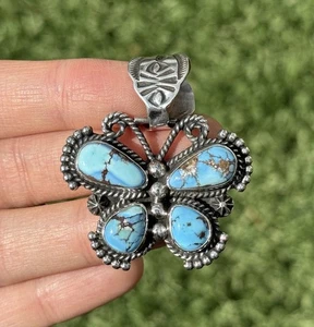 Navajo Sterling Silver Golden Hill Turquoise Handmade Butterfly Pendant Geneva - Picture 1 of 12