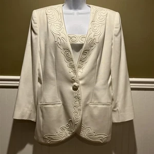 Vintage Kasper For aSL bestickter 2-teiliger Blazer Jacke mit Tank Bluse Gr. 14 elfenbeinfarben - Bild 1 von 13