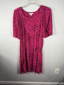 Go Softly Patio Rayon Dress Sz: L Short Sleeve Pull On Pink Black Scroll Pockets - Picture 1 of 7