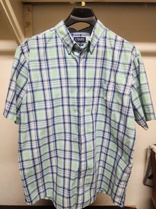 CHAPS Shirt Mens XXL Button Up Plaid Short Sleeve Green Blue White Easy Care - Picture 1 of 4