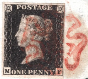 PENNY INTENSE BLACK 1840 QV GB SG.1 1d Plate 6 (MF) Red MX Piece Cat £525 MSB4 - Picture 1 of 6
