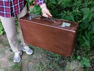 Vintage Large Suitcase Brown Leather Hard Luggage Steamer Trunk - Picture 1 of 15