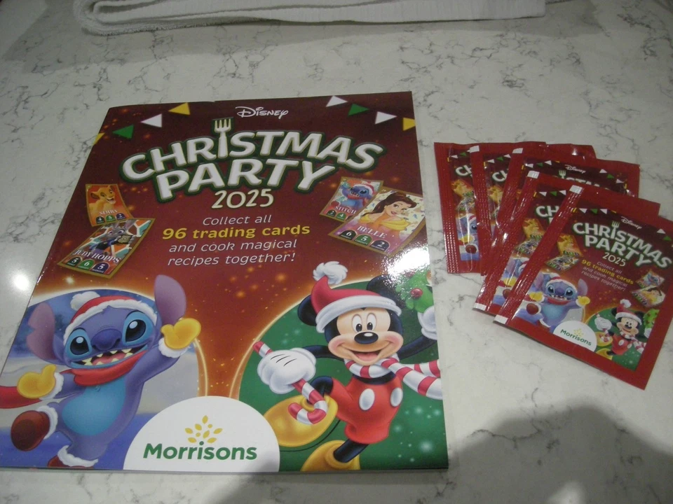5  x MORRISONS DISNEY CHRISTMAS PARTY TRADING CARDS + ALBUM new in packaging - Image 1 of 1