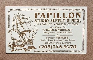 Tarjeta de visita original vintage de los años 80 Papillon Supply Enfield CT tatuaje 2x3,5 - Imagen 1 de 2