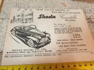 1951 SKODA Convertible Australian Sales Advert - Imagen 1 de 1