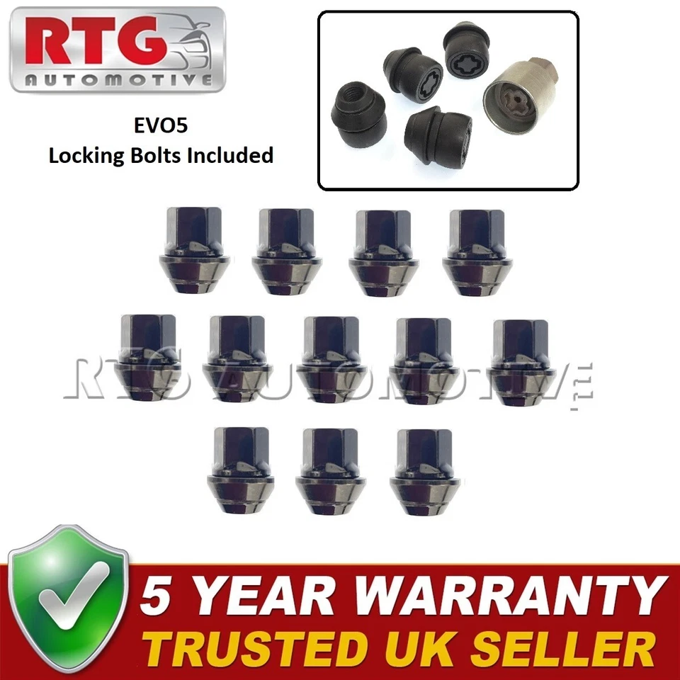 12x Tuercas Negro + 4x Tuercas de bloqueo EVO5 para Ford Escort Mk2 1974-1980 (Aleación) Foto 1 de 1