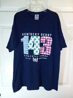Camiseta Ky Derby 143 Churchill Downs tamanho grande azul gráfica listra bolinhas 2017 - Imagem 1 de 4