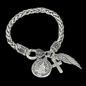 St. Benedict Cross Angel Wing Faith Religious Charm Dangle Clasp Bracelet - Bild 1 von 4