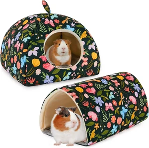 Rabbit Bed with Tunnel, 2 Pack Guinea Pig Toys Set, Green Flowers - Picture 1 of 12