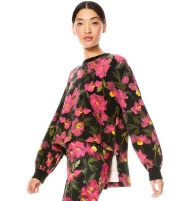 Alice + Olivia Gaia Sz S Pink Black Tropical Floral Crewneck Sweatshirt Top Crop - Image 1 of 4