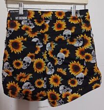 Hot Topic Sz 5 Black Stretch Button Fly Sunflower Skulls Shorts High Rise *W-15*
