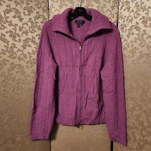 Ralph Lauren Purple Cable Knit Full Zip Angora Wool Sweater Size Extra Large XL - Picture 1 of 7