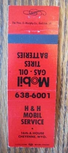 H&H MOBIL STAZIONE DI SERVIZIO FIAMMIFERI MATCHBOOK: CHEYENNE, WYOMING -E15 - Foto 1 di 1