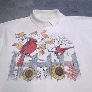 Vintage 90er Kardinal Vogel Blumen Kragen großes Sweatshirt Sonnenblumenzaun kein Etikett - Bild 1 von 6