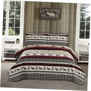 Lodge Quilt Set Size, Rustic Cabin Quilts Set Bedding,3Pcs Moose Twin Dark Red - Picture 1 of 6