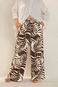 Yours Curve Women's Plus Size Palm Print Textured Wide Leg Trousers - Picture 1 of 13
