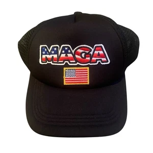 Black MAGA Hat Embroidered Mesh SnapBack Trump American Flag Trucker Cap One Sz - Picture 1 of 7