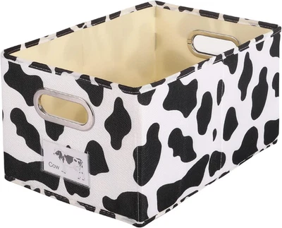 Cubo de almacenamiento de tela estampado de vaca algodón lino plegable abierto cesta de almacenamiento caja con  Foto 1 de 4