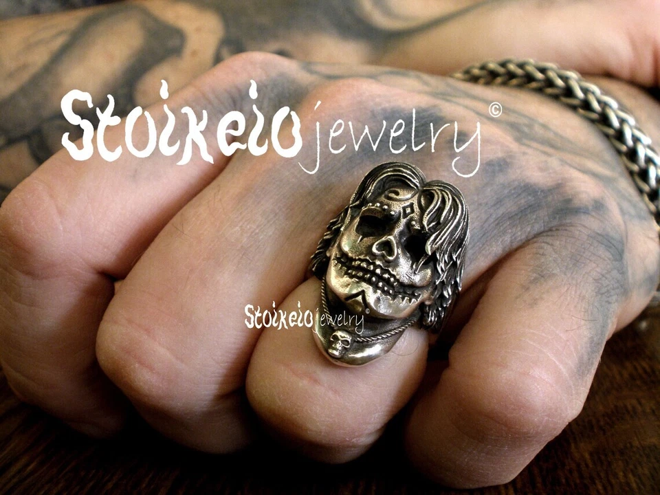 Sugar Skull Men's Ring , Skull Men's Sterling Silver Ring, sizes US 7 - 14 - Image 1 of 4