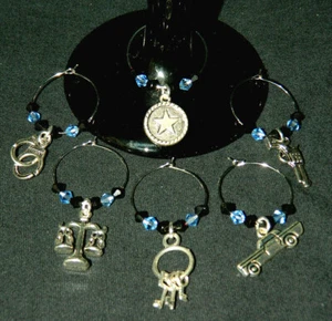 Police Wine Glass Charms Set of 6 Drink Markers THIN BLUE LINE NEW - Picture 1 of 3