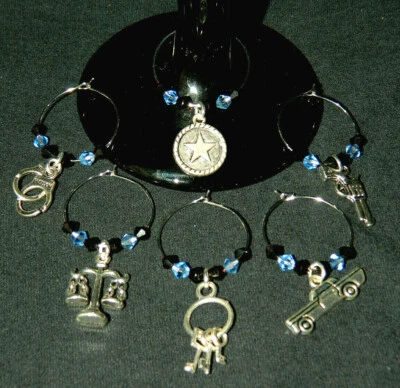 Police Wine Glass Charms Set of 6 Drink Markers THIN BLUE LINE NEW - Image 1 of 3