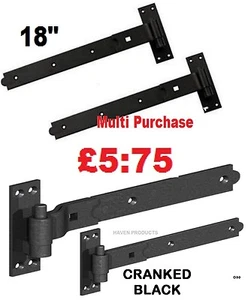 18" GATE CRANKED HOOK & BAND HINGES HEAVY DUTY STABLE GARAGE SHED BARN DOOR BLK - Picture 1 of 5