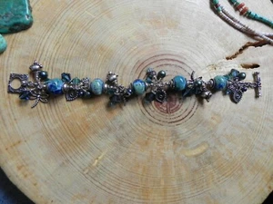 Blue Aqua Glass Beads, Sterling Silver, Pearl & Crystal CHARM Bracelet 7 1/4" - Picture 1 of 7