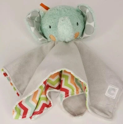 Boppy Elephant Lovey Baby Security Blanket Aqua Finger Puppet Gray Satin Back - Image 1 of 4