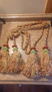 VINTAGE DRAPERY CURTAIN TIE BACK SET 31 Inches Total TASSELS GOLD MAROON GREEN - Picture 1 of 6