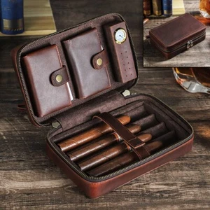 Estuche humidor de cigarros marrón portátil de cuero de vaca caja de viaje para 4 unidades Cohiba - Imagen 1 de 19