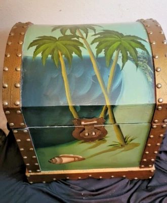 Table Top Trunk Chest Palm Trees, Sand Sky & Sea Hand Painted 12" x12" x 10" - Image 1 of 4