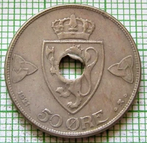 NORWAY Haakon VII 1921 50 ORE, Coat of Arms Holed - Type 3 km# 380 - Picture 1 of 6