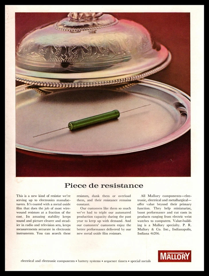 1965 Mallory Indianapolis Resistor "Piece De Resistance" Silver Platter Print Ad - Image 1 of 1