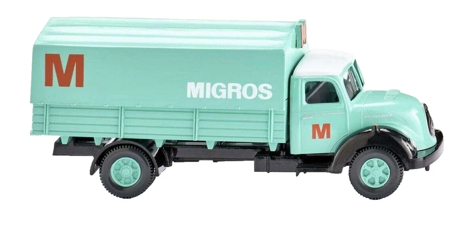WIKING 042602 camion Magirus Sirius con cassone telonato "Migros" 1:87 - Immagine 1 di 1
