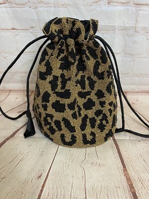 Women’s Animal Print Drawstring Bag Beaded Satin Lined - Image 1 of 4