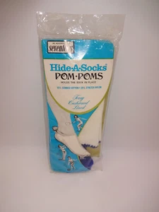NOS New Vintage 1960s/1970s White Hide A Socks Blue Pom Poms 8.5-11 Stretch - Picture 1 of 5