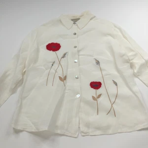 Coldwater Creek PM Petite 100% Linen Embroidered Long Sleeve Shirt Off White - Picture 1 of 12
