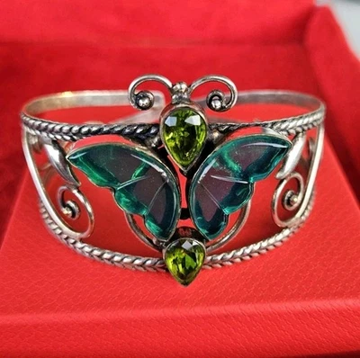 Butterfly Green Tourmaline Peridot Gemstone 925 Sterling Silver Cuff Bracelet  - Image 1 of 4